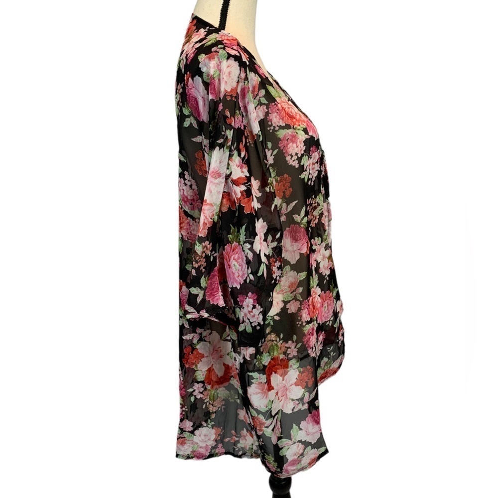 Ladiery Women's Floral Chiffon Kimono Cardigan - Black / Pink - S / M - Picture 2 of 5